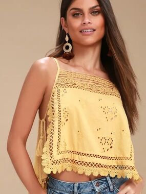 Never worn Free People Mustard Yellow Crocheted Eyelet Tank Top